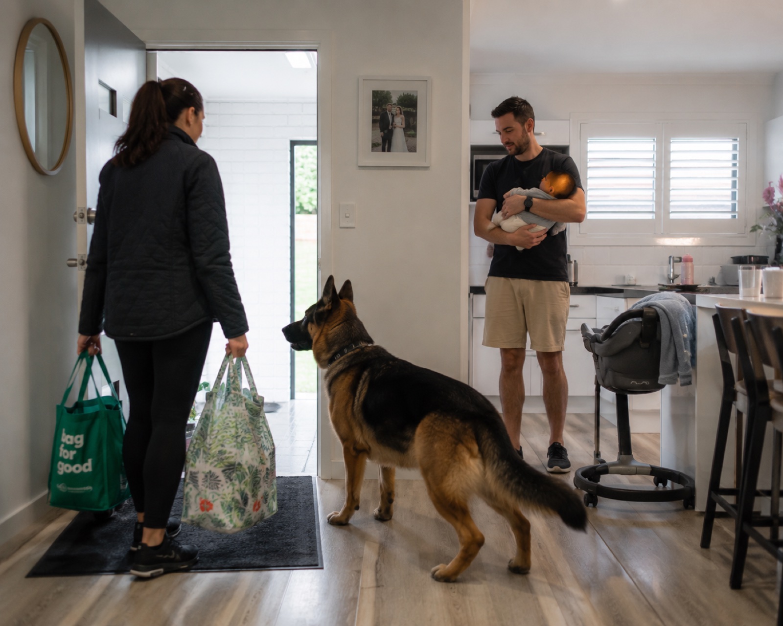 Previously aggressive dog calm and unbothered in the same room as a newborn baby at home, the low-key handover Lucy and Tim were aiming for second time around