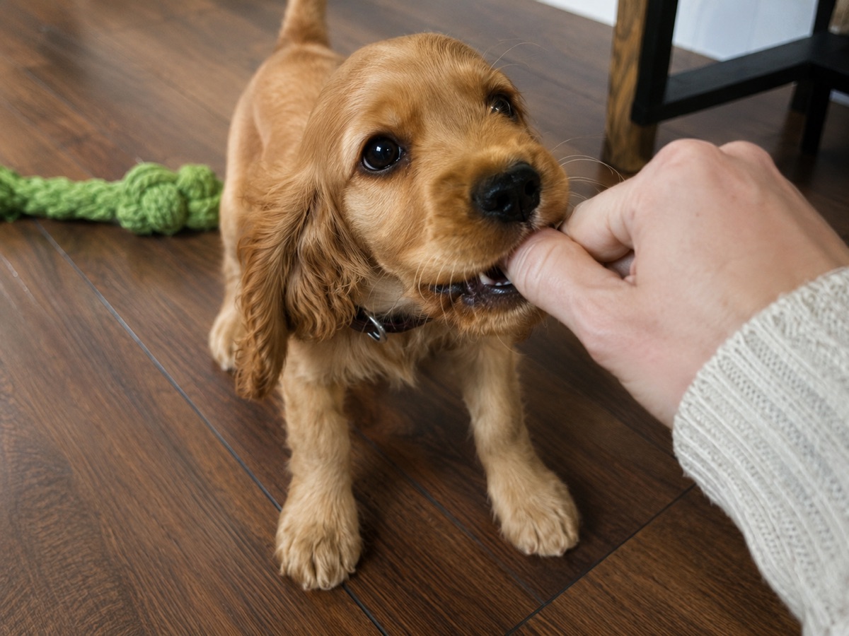 Young cocker spaniel puppy on a wooden floor mouthing an outstretched hand, with a rope toy nearby, the kind of nippy biting that signals an overstimulated puppy who cannot self-regulate down