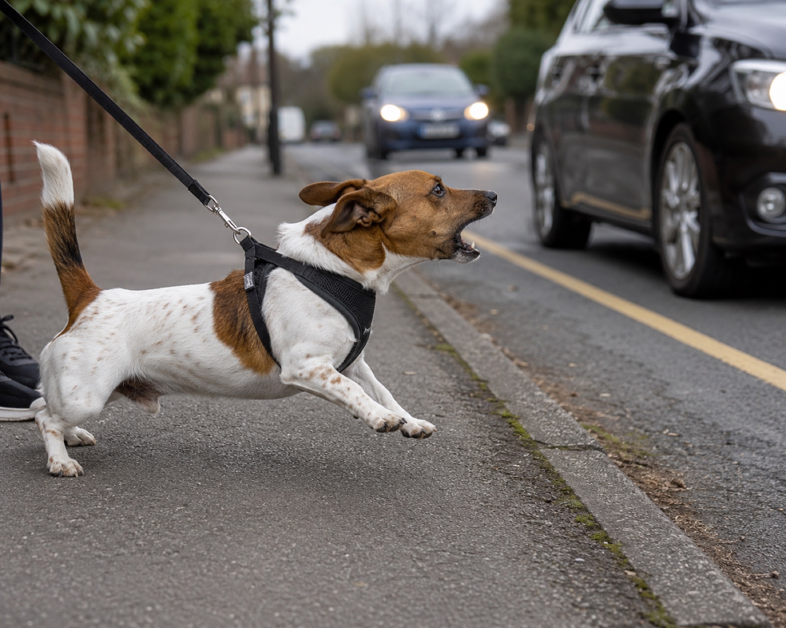Reactive dog lunging and barking at a passing car on a tight lead, an example of what not to do with a reactive dog
